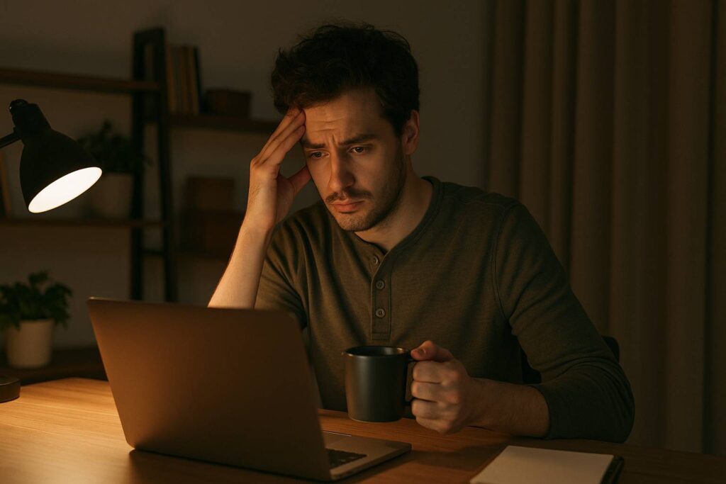 A tired blogger staring at laptop screen coffee cup in hand, late night home office setup