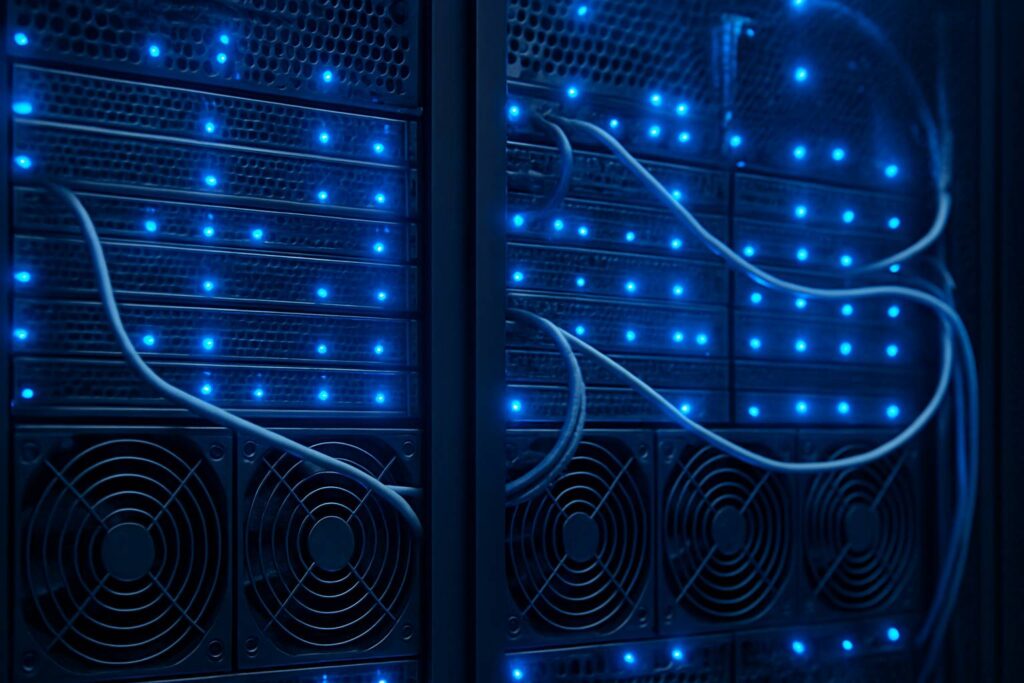 Close-up shot of server racks with blue LED lights in a data center, showing cables and cooling systems
