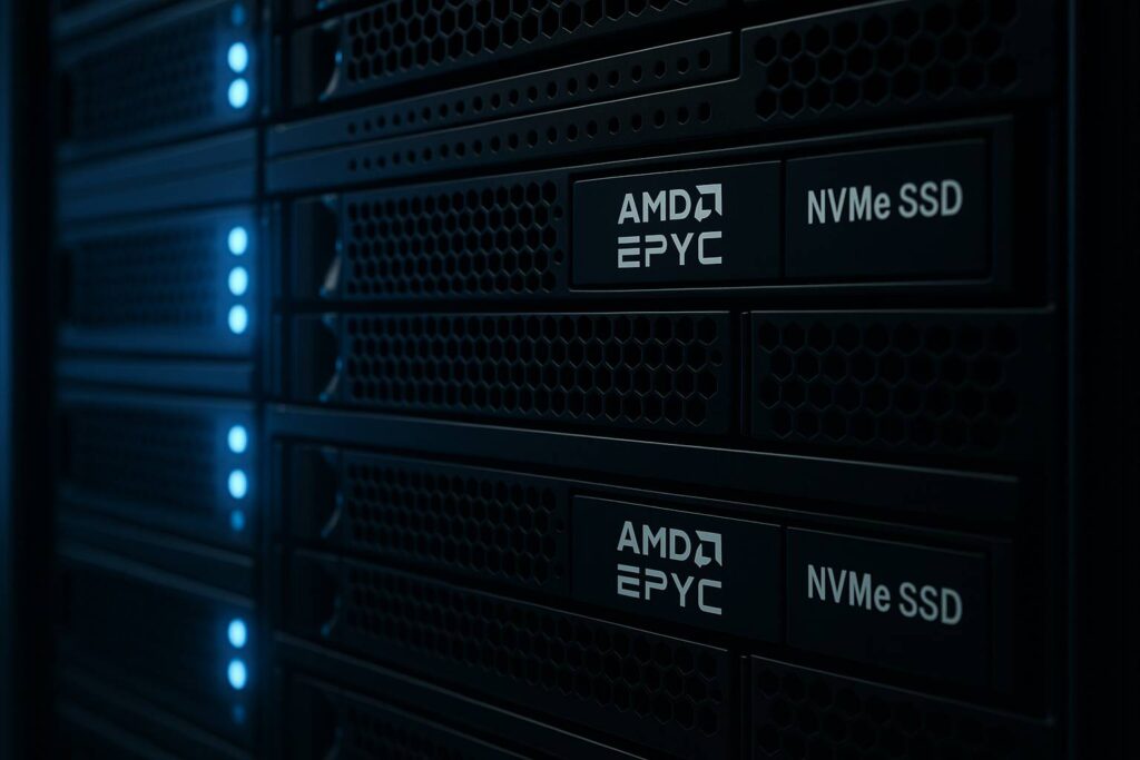 Close-up shot of server racks with blue LED lights in modern data center, showing AMD EPYC and NVMe SSD labels