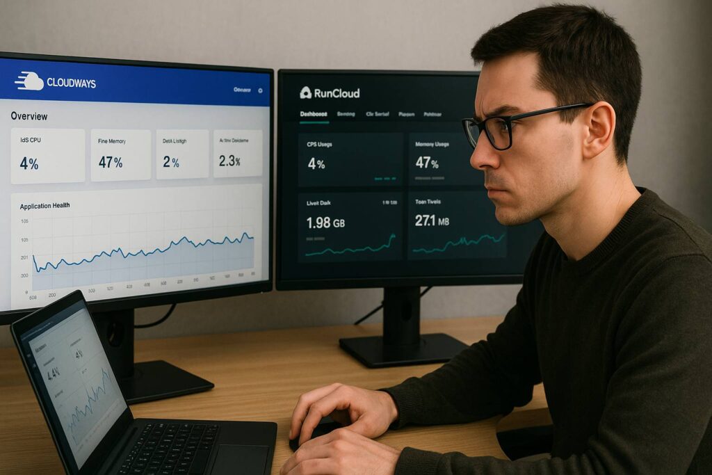 Developer di depan laptop dengan dual monitor, satu menampilkan Cloudways dashboard, satunya RunCloud, dengan ekspresi fokus membandingkan metrics