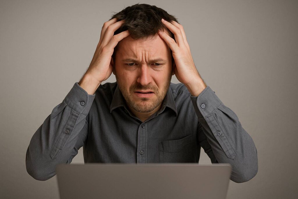 Engineer dengan ekspresi frustrasi di depan laptop