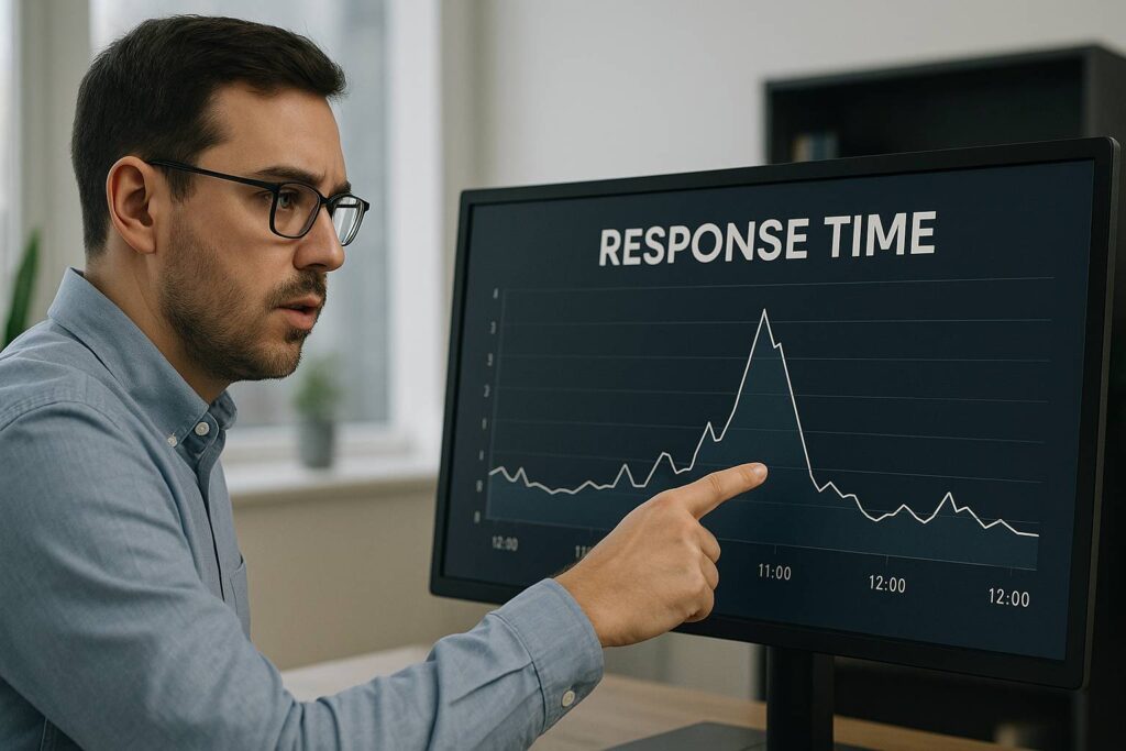 Engineer dengan laptop memantau dashboard email server di kantor modern, fokus pada grafik uptime dan deliverability rates