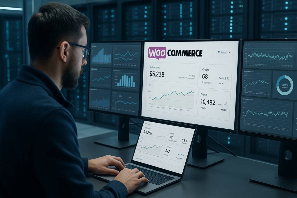 Engineer dengan laptop memantau dashboard server performa WooCommerce di datacenter modern dengan multiple monitor