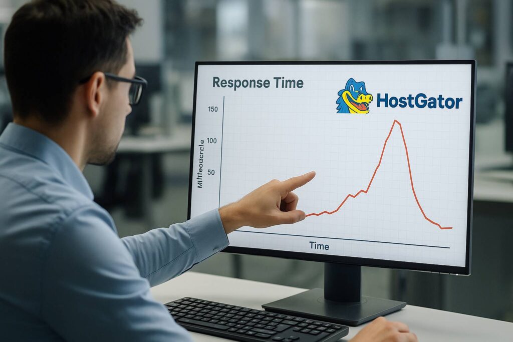 Engineer di depan monitor menunjukkan grafik respons time yang lambat, dengan logo HostGator terlihat di layar