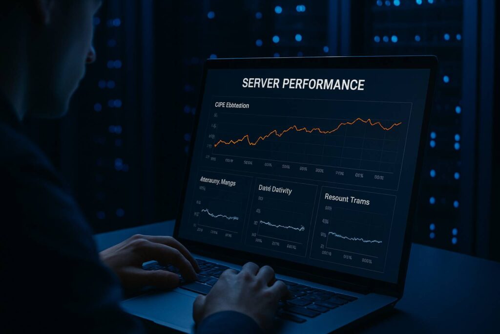 Engineer hands typing on laptop with server performance