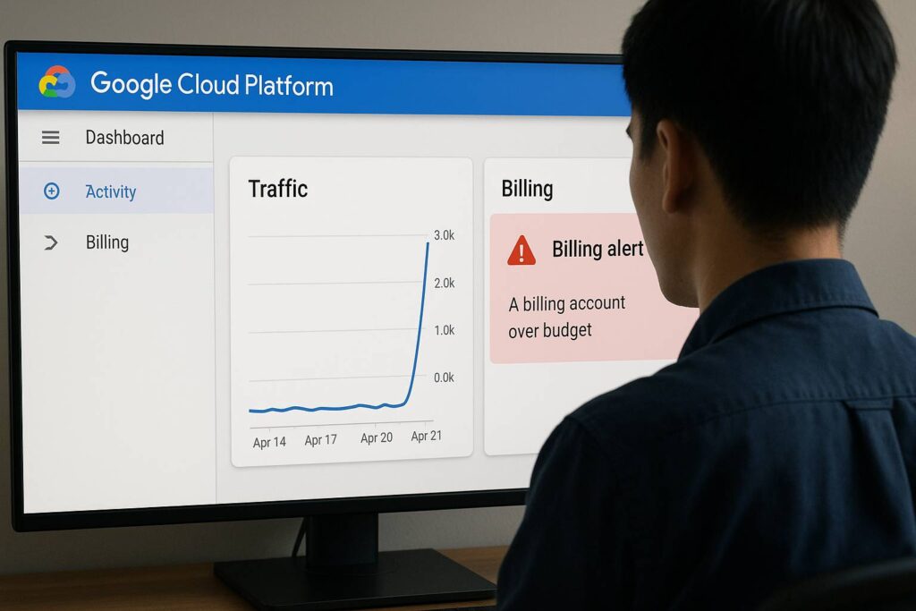 Engineer melihat dashboard Google Cloud Platform dengan grafik traffic spike dan billing alert merah di monitor