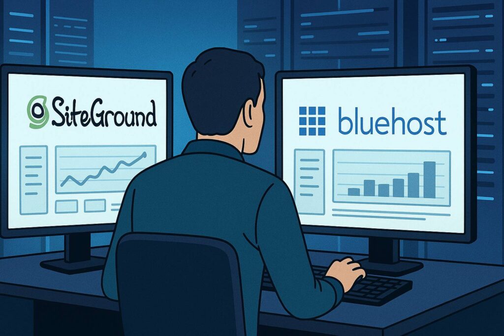 Ilustrasi teknisi sedang memantau dashboard server dengan dua monitor, satu menampilkan logo SiteGround dan satu lagi Bluehost
