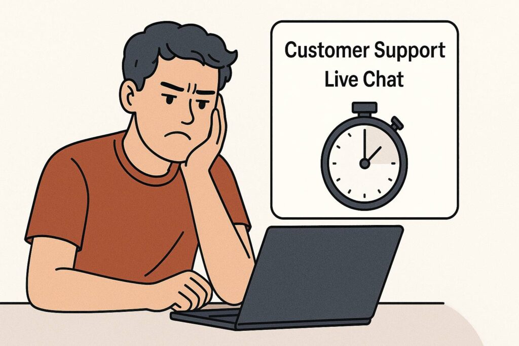 Person frustrated waiting on customer support live chat with timer showing