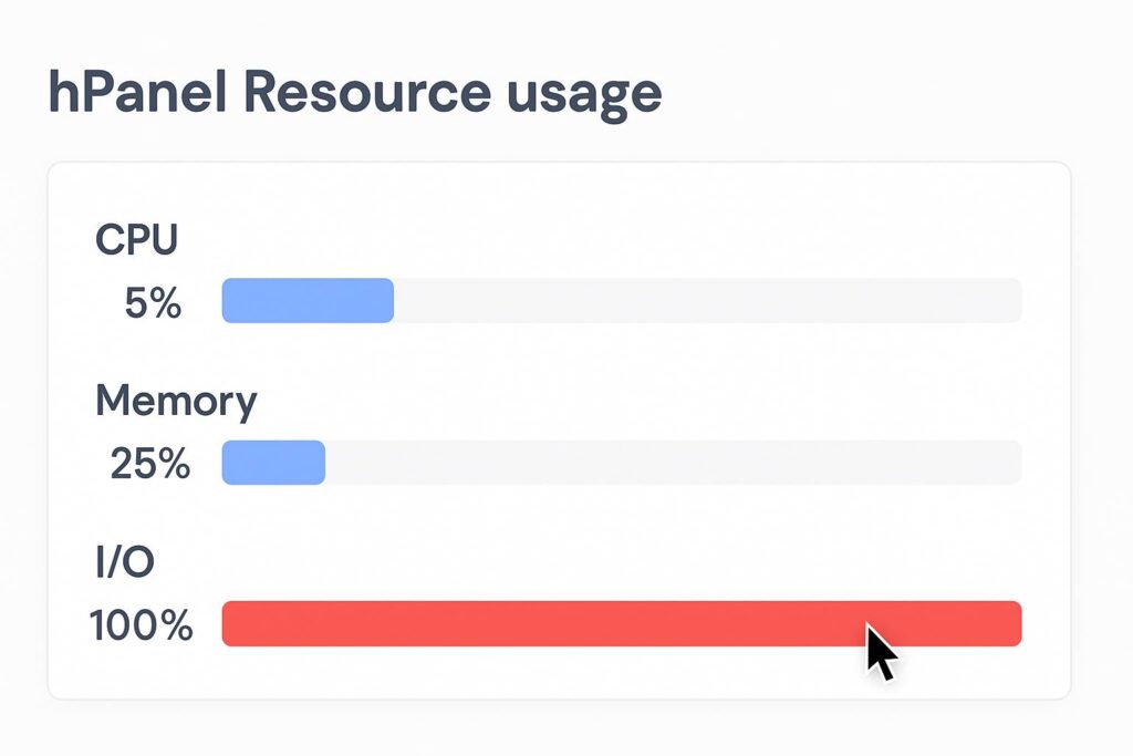 Screenshot hPanel resource usage yang menunjukkan I O limit 100% padahal CPU masih rendah