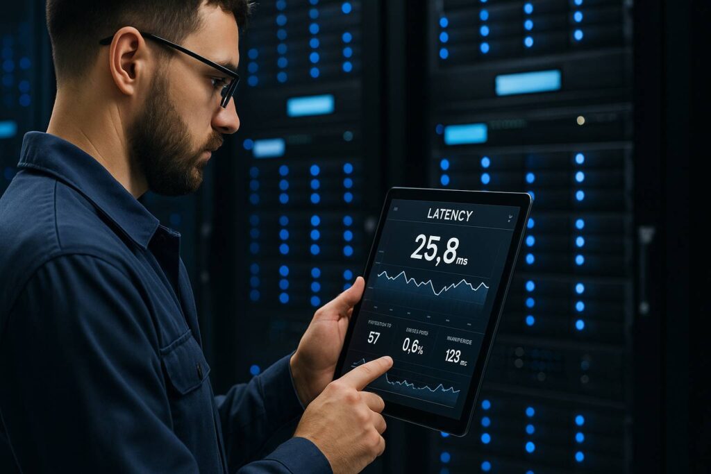 Teknisi memegang tablet mengecek latency server di dashboard monitoring