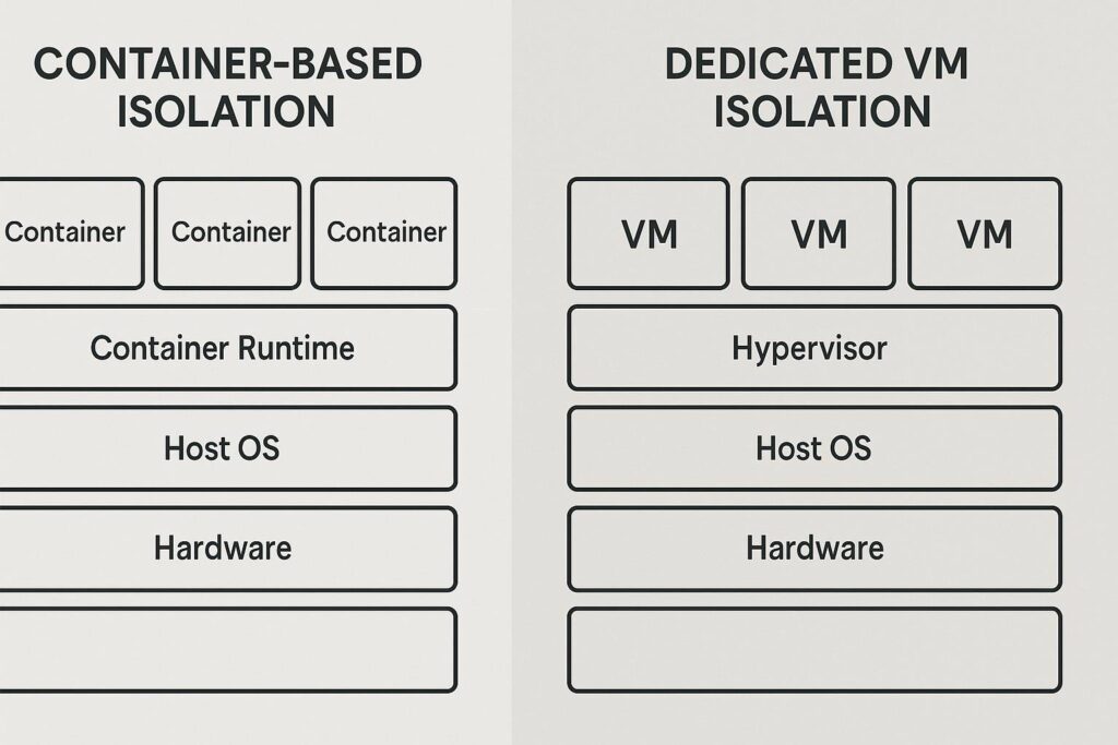 comparison of server architecture diagrams, one showing container-based isolation and the other showing dedicated VM isolation